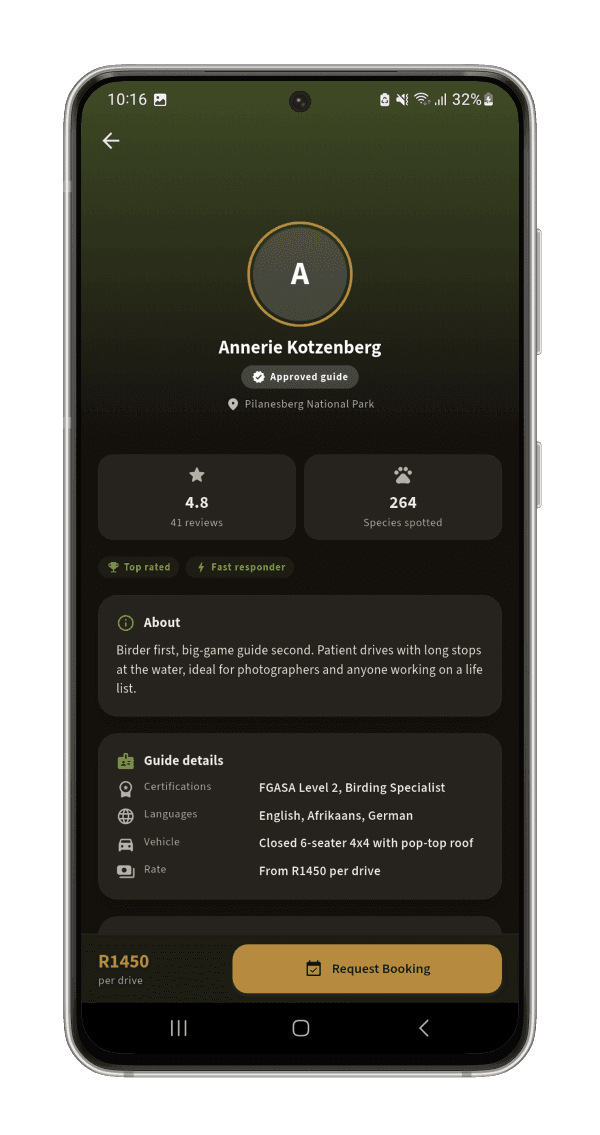 opspoor's guide profile for Annerie Kotzenberg, an approved guide, showing species spotted, guide details, rate, and a Request Booking button