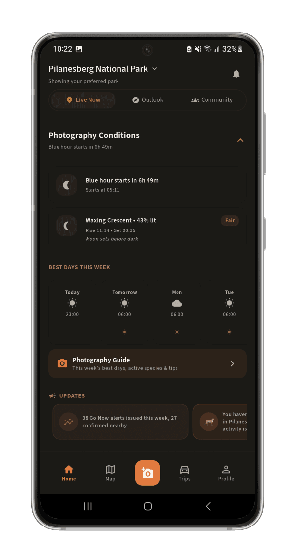 opspoor Photography Conditions: blue hour countdown, moon phase and the best shooting days this week