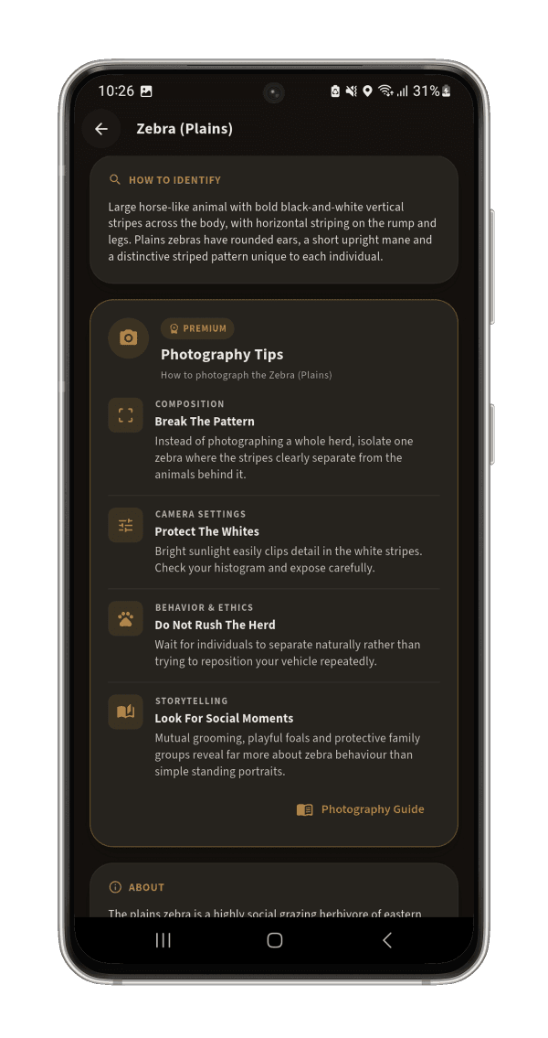 Per-Species Tips: Advice tailored to what you're shooting