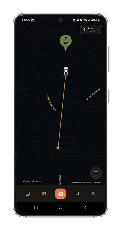 opspoor map in Photography Mode, showing a sun-position ray from your car towards a sighting