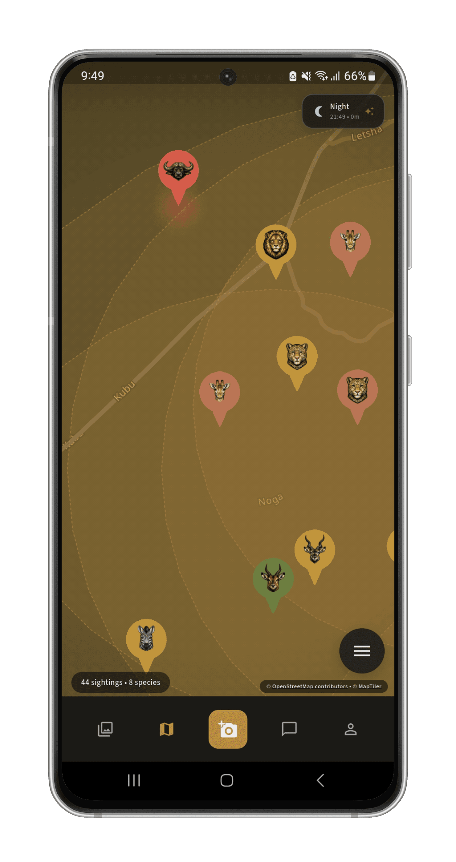 The opspoor app's predictive movement heatmap, showing wildlife activity hotspots and species clusters across a park