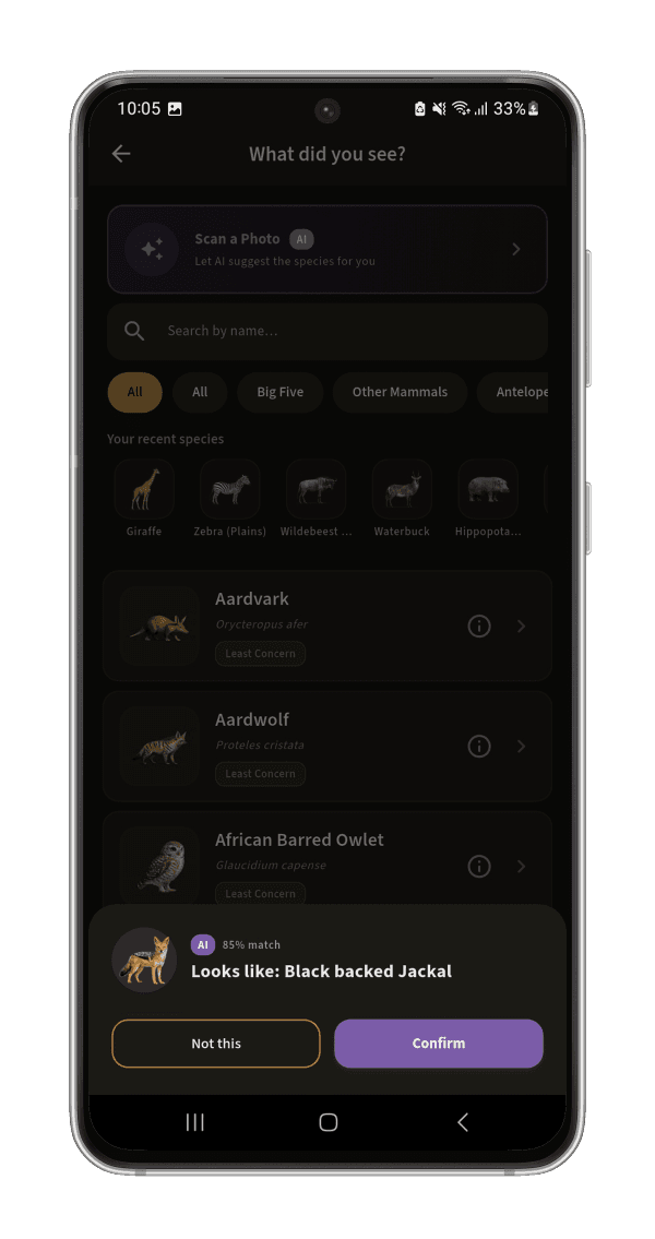 opspoor's AI species identification suggesting a Black-backed Jackal with an 85% match confidence, with Confirm and Not This options