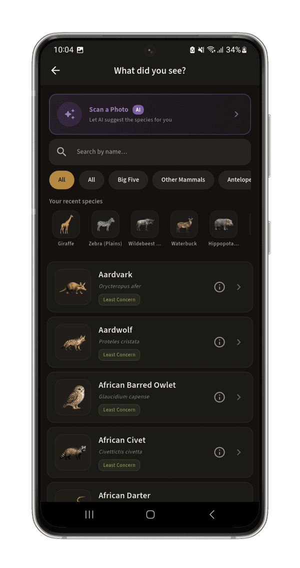 Scan a Photo: Tap the AI shortcut from species search