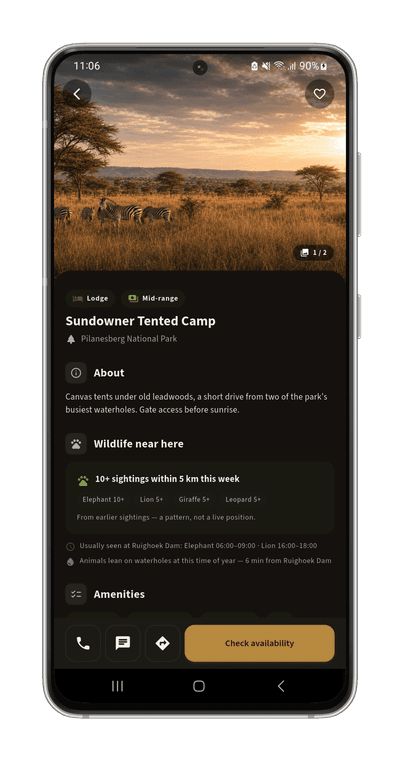 opspoor's stay detail page for a lodge near a park, showing recent wildlife activity nearby and contact buttons