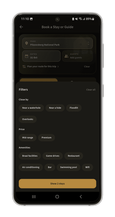 Filter by What's Near: Waterholes, hides, floodlit, amenities