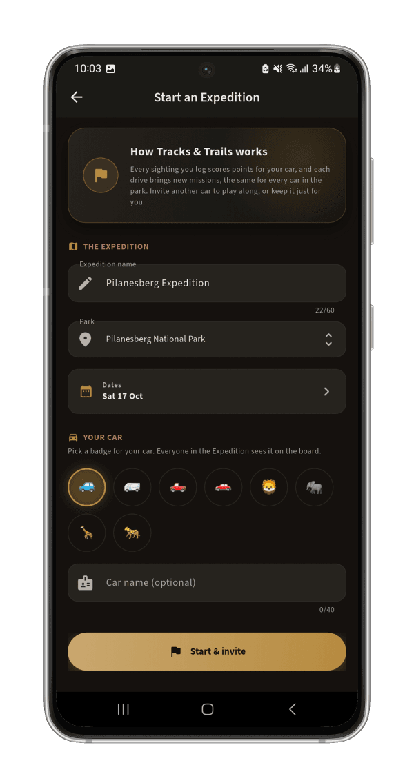 Start an Expedition: Park, dates, name and your car's badge